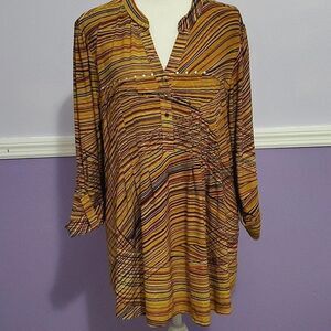 Verarose Golden Rust Abstract Artsy Studded Rolled Sleeves Pintuck Flowy Top XL